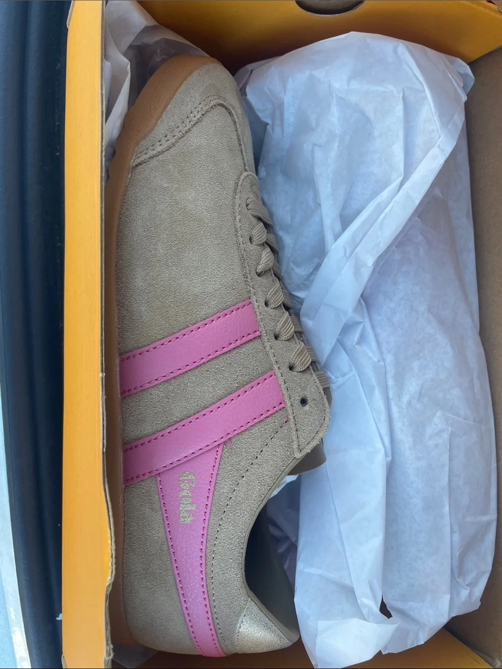 Gola Women's Bullet Pure Suede Sneaker in Tan with Pink Stripes